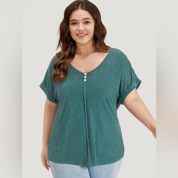 Bloom Chic Plain V Neck Button Detail Roll Dolman Sleeve T-shirt - Picture 6 of 7